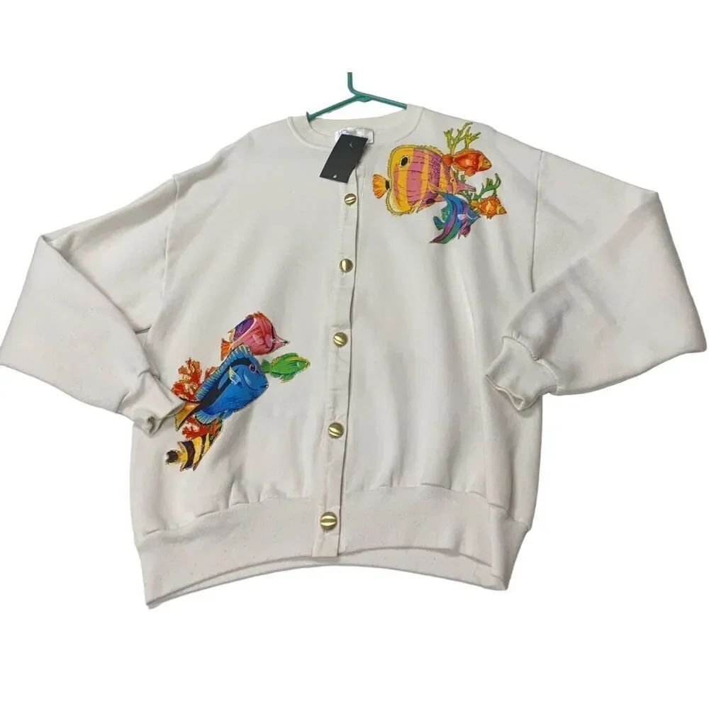 Vintage White cotton multicolored fish graphic sweatshirt